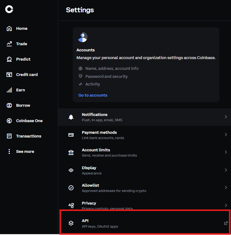 Coinbase settings page showing API key setup