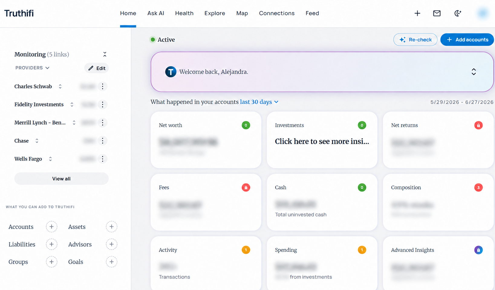 Truthifi dashboard showing all connected institutions and account types